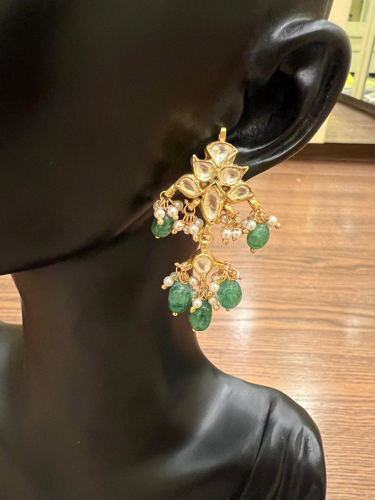 Flower long green hanging earrings