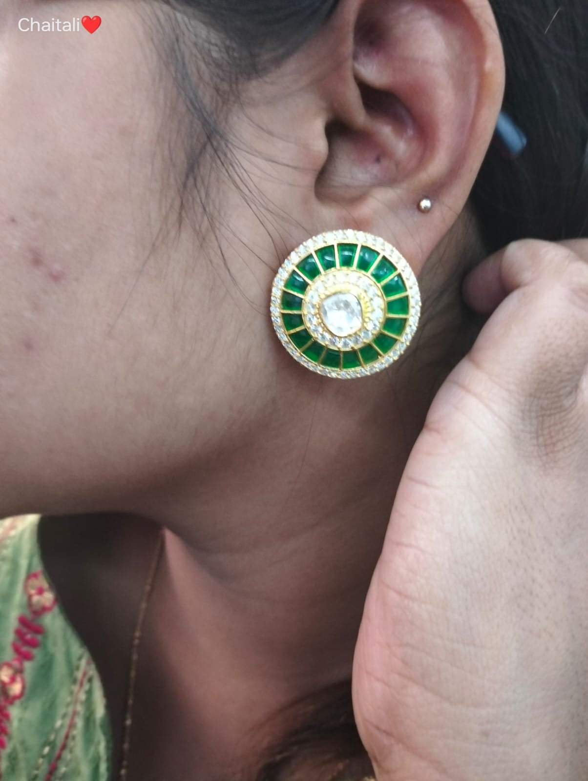 Green round polki studs