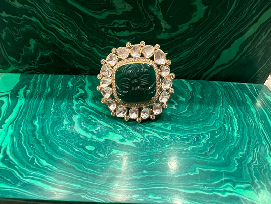 Green square engraved polki ring