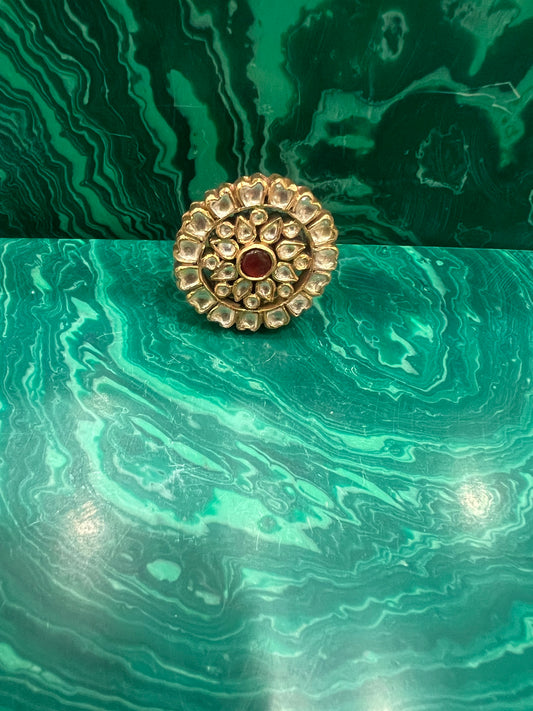 Small round ruby floral ring