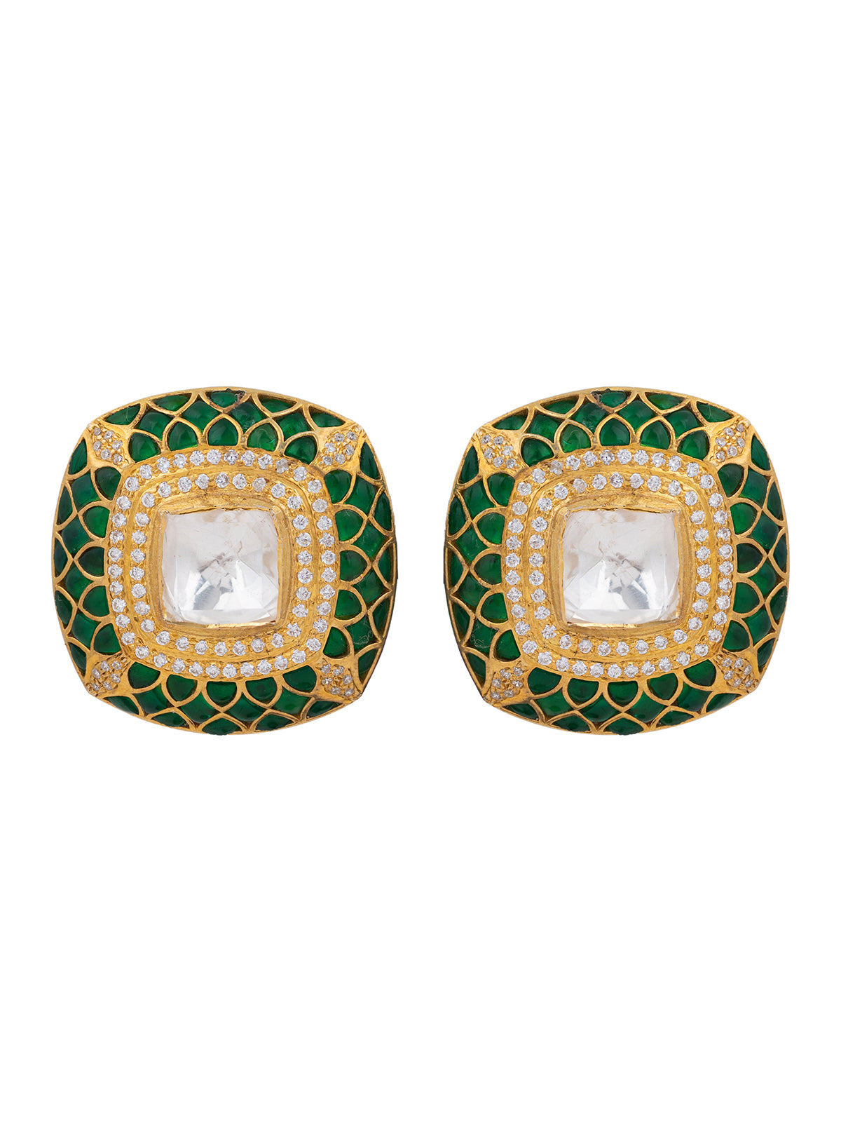 Green enamel square earrings