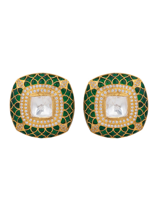 Green enamel square earrings