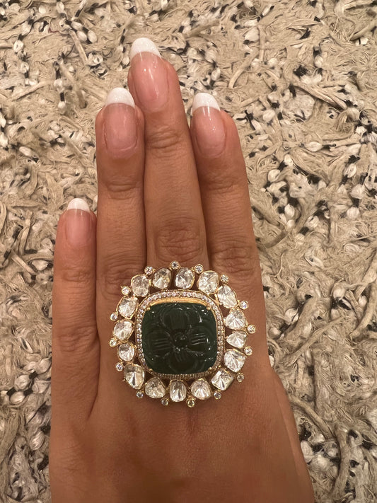 Green square engraved polki ring