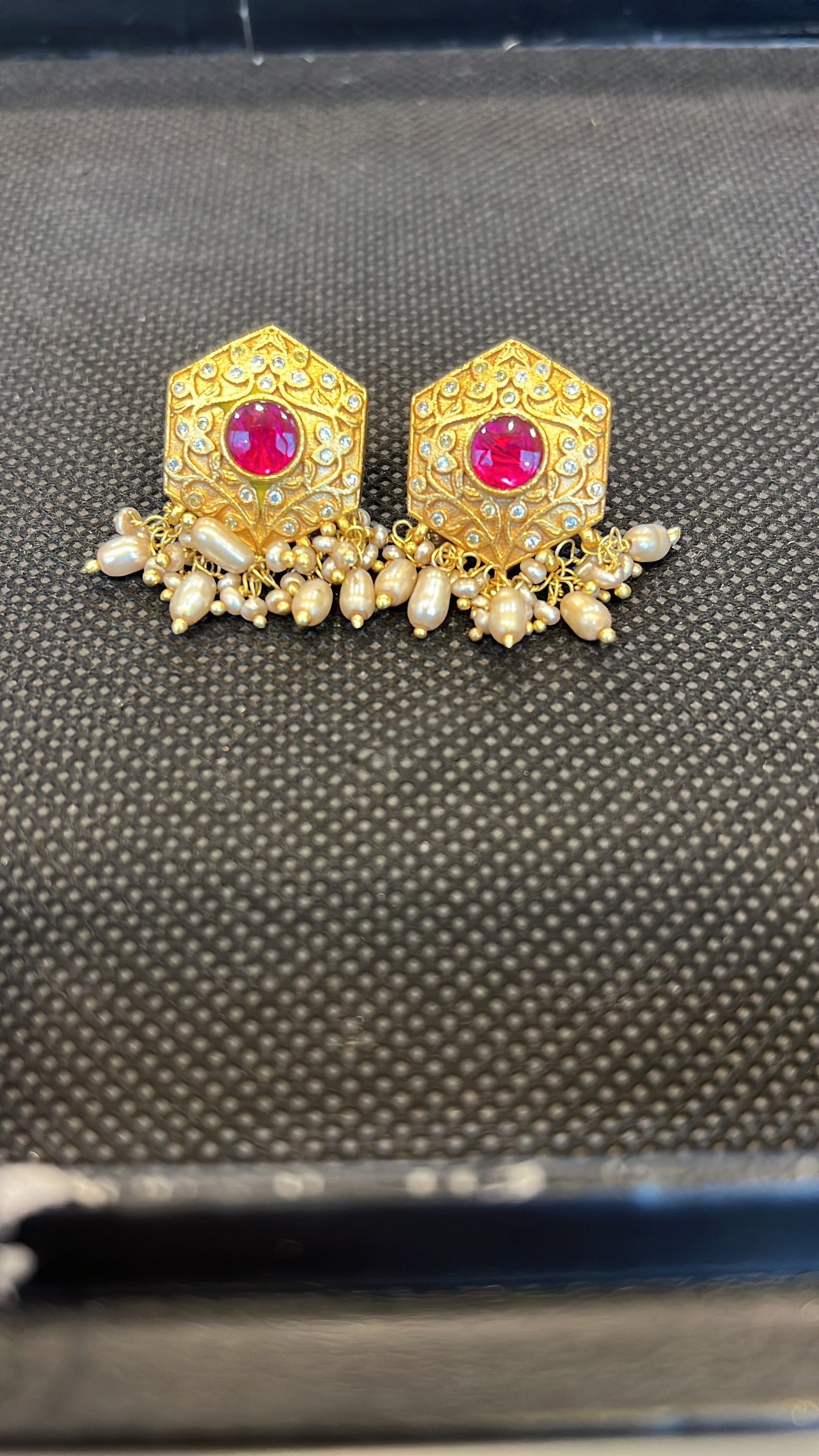 Hexagon Gold Red Ruby Polki Studs