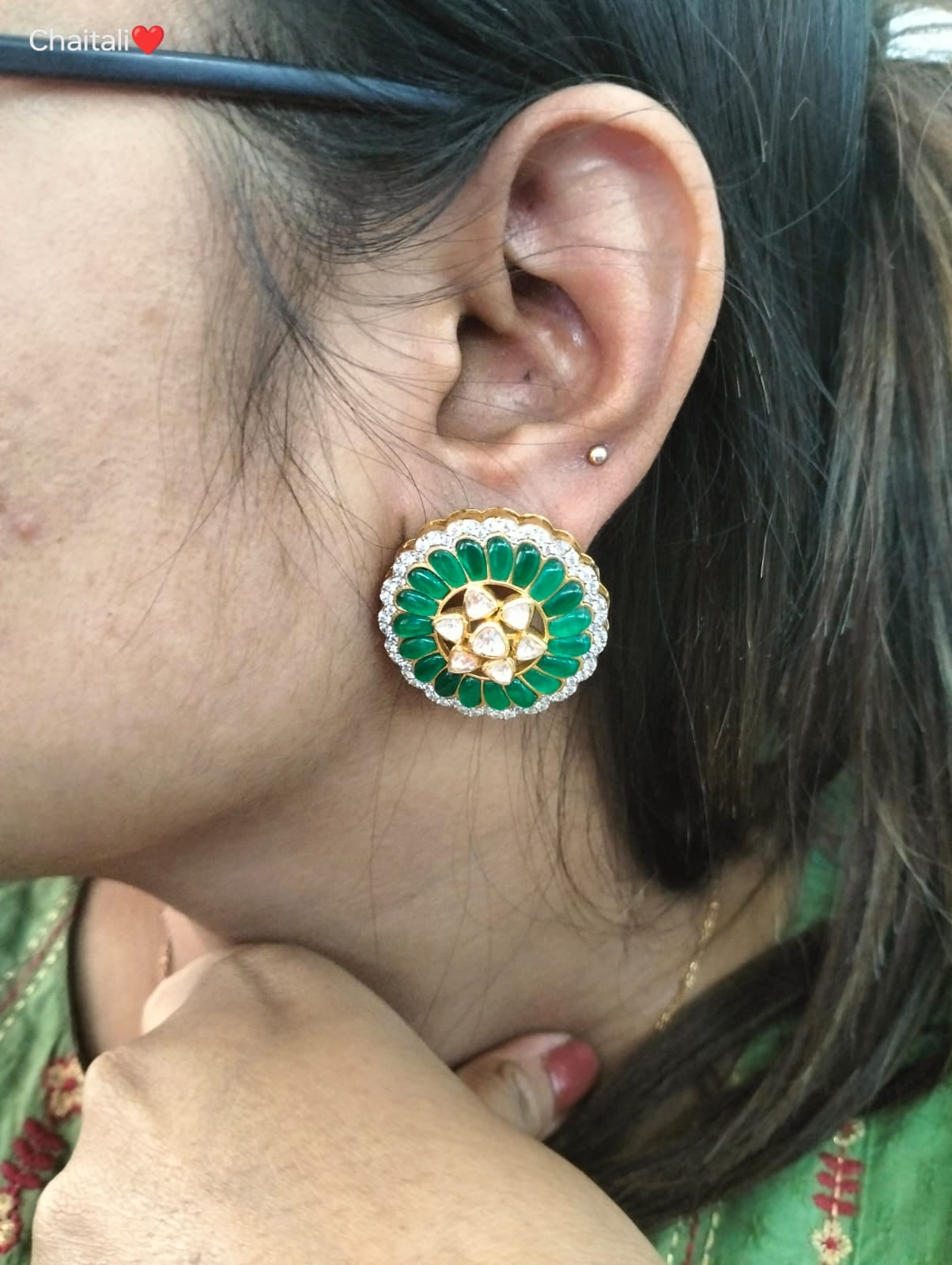 Green circular polki earrings