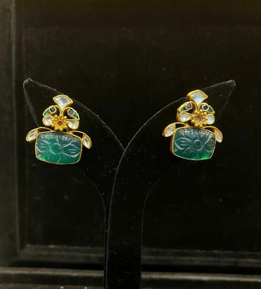 Square Curved Green Polki Earrings