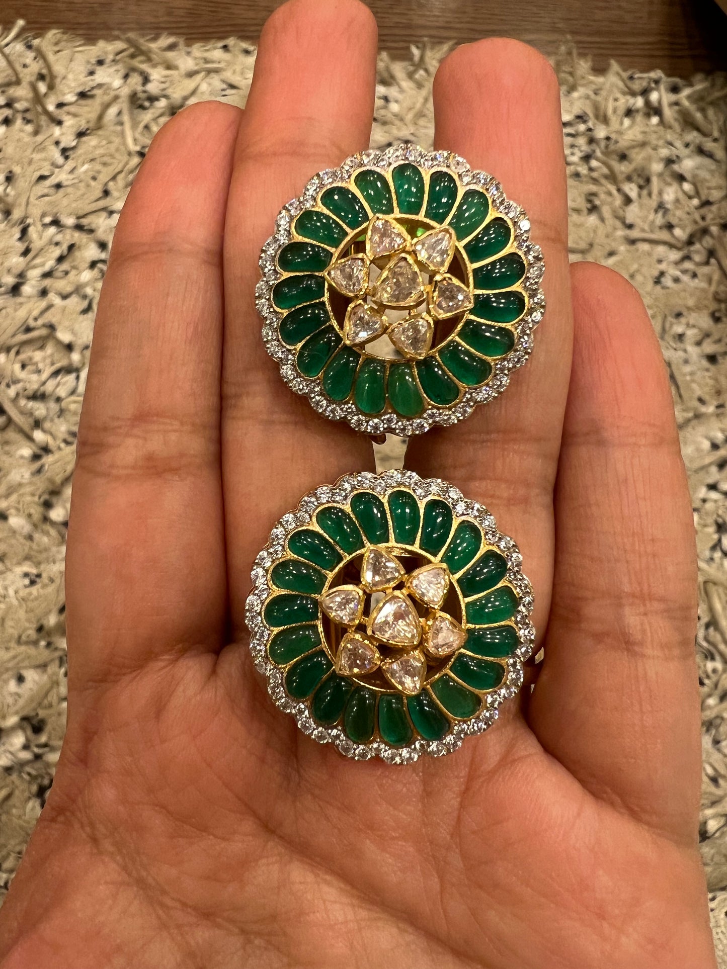 Green circular polki earrings