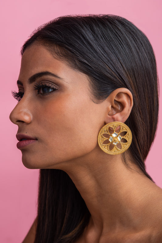 Round Jaali Golden Polki Earrings