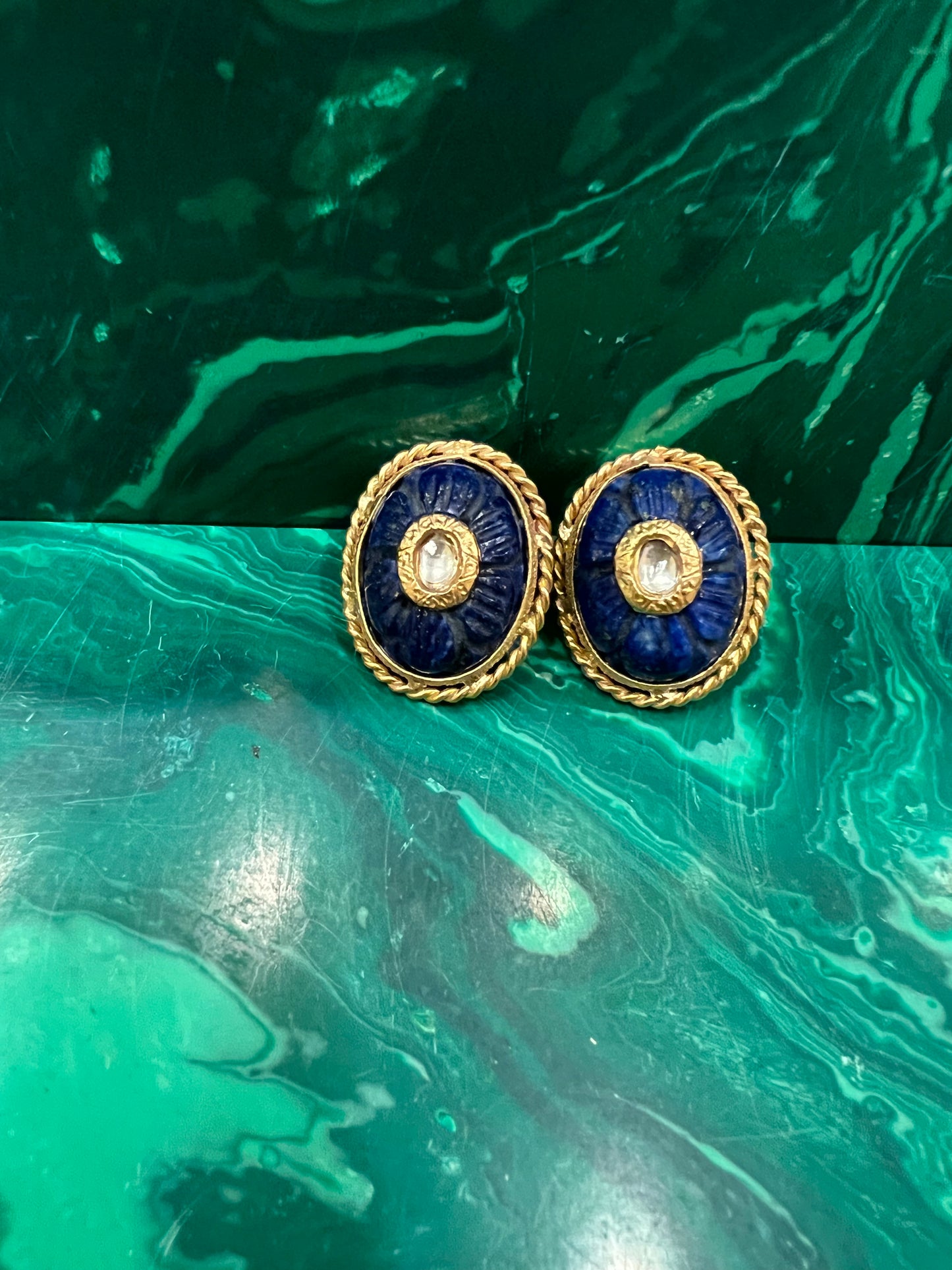 Blue engraved oval polki studs