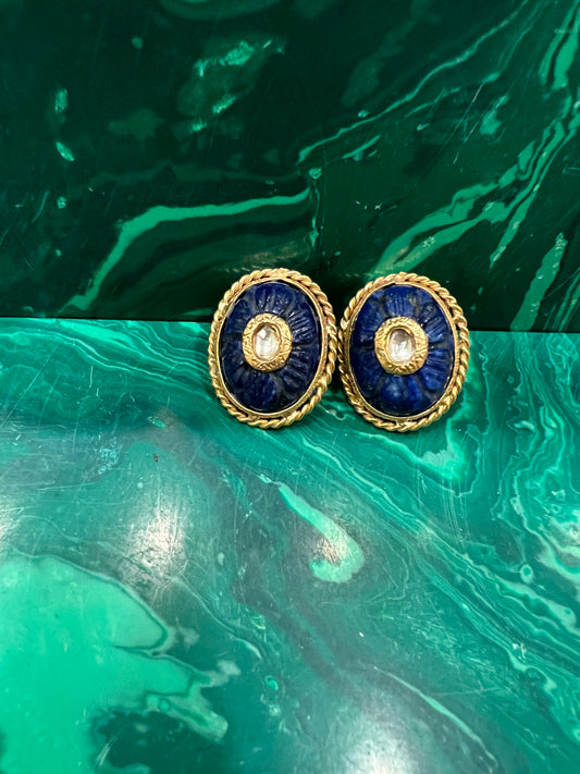 Blue engraved oval polki studs